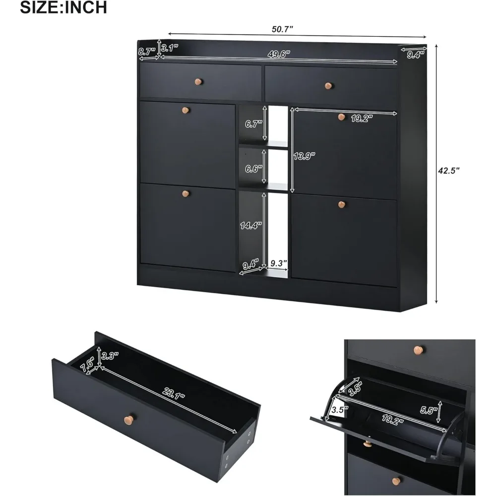 Multifunctional 2-Tier Storage Cabinet, Modern Free Standing Shoe Rack with 4 Flip Drawers for Entrance Hallway