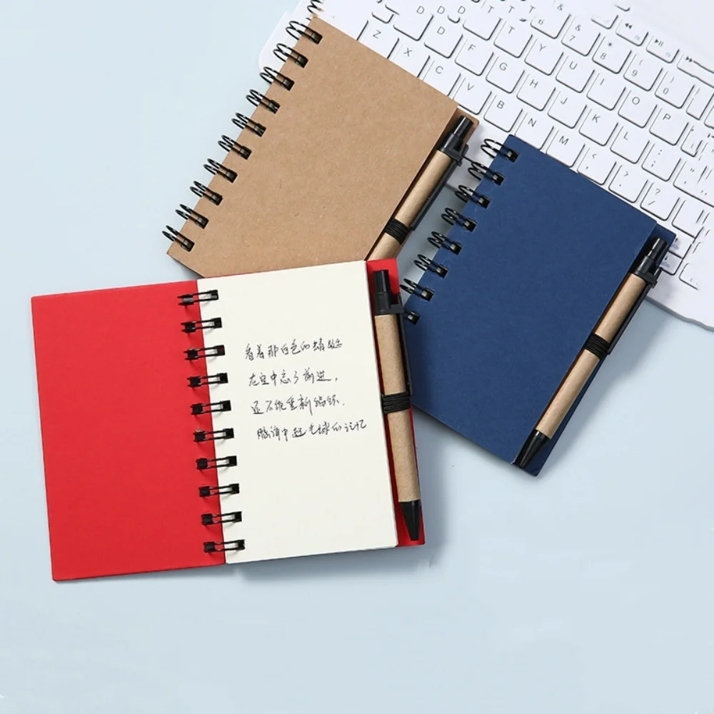 Lined Spiral Notebook Kraft Paper Cover Notepad with Pen in Holder, Sticky Notes and Page Marker, Business Small Notebook