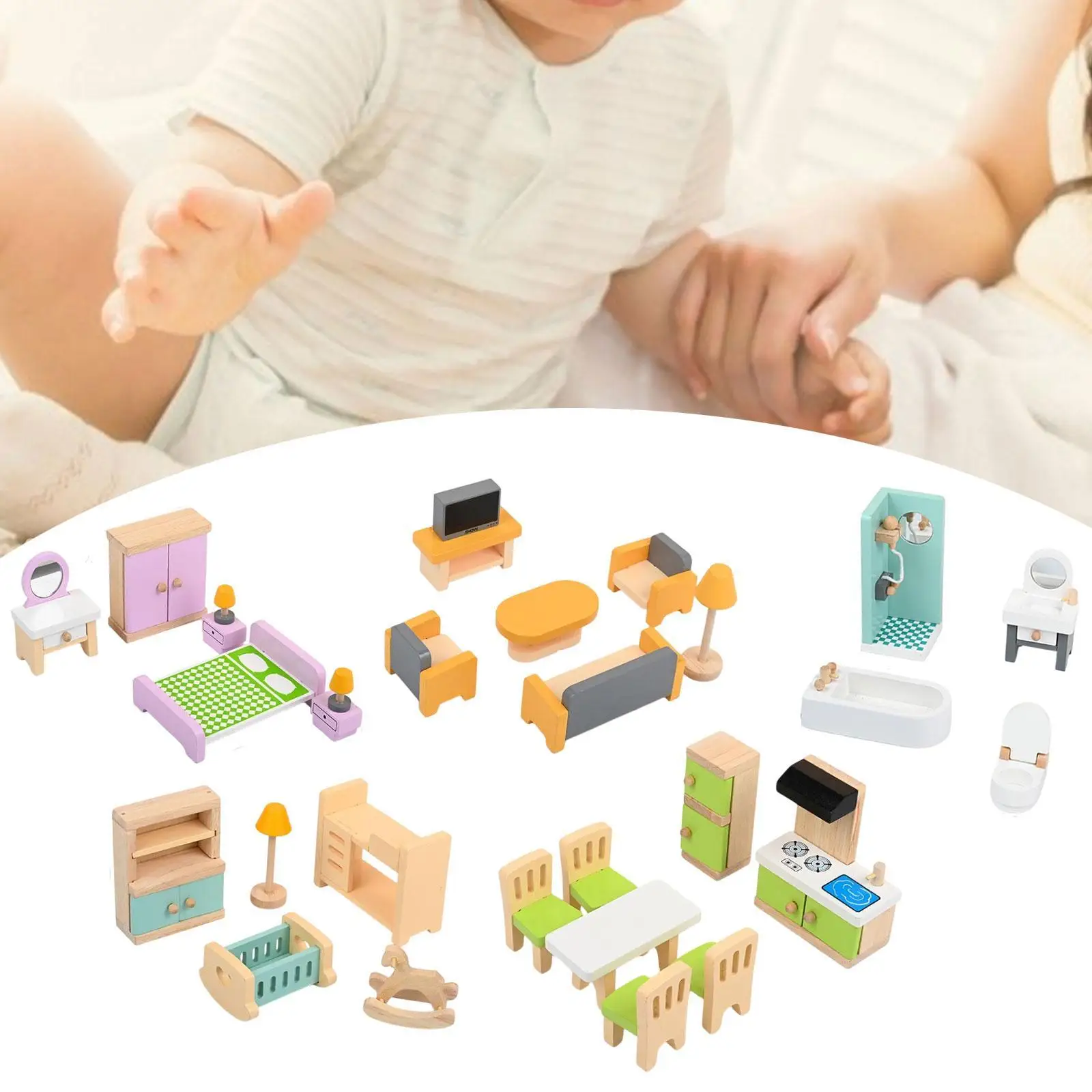 27 Pieces Furniture Toys Set Furniture Model Dollhouse Decoration Accessories Miniature Wooden Furniture for Bedroom Living Room