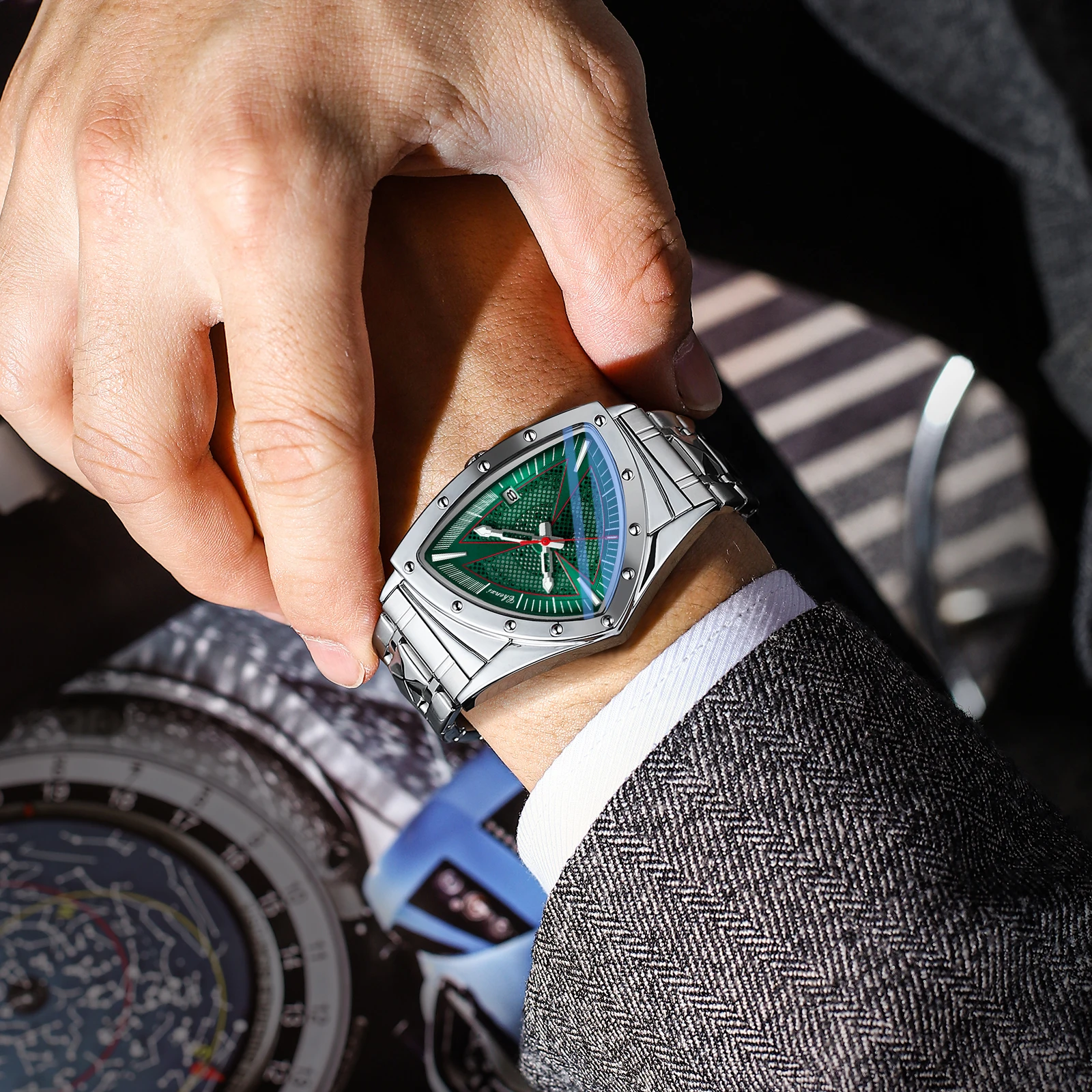 CHENXI シルバー メンズ クォーツ腕時計 不規則デザイン、防水、夜光、ステンレススチールブレスレット プレミアムタイムピース 2025