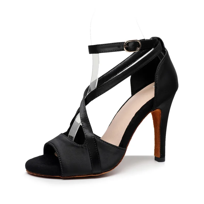 Zapatos de baile latino para mujer, sandalias de satén de tacón alto, color negro, para baile de salón, Salsa, Jazz y Tango, envío gratis