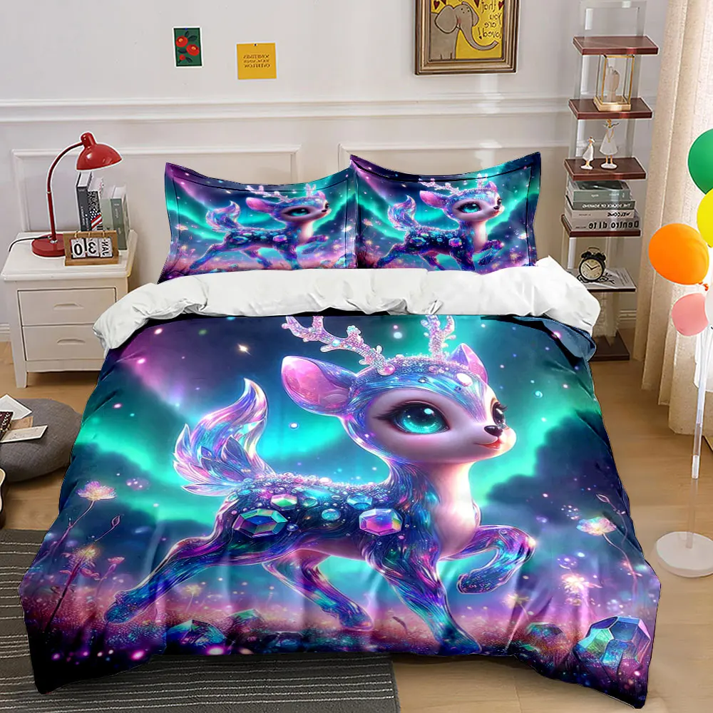 

Fantasy Crystal Fawn with Aurora Backdrop Duvet Cover Set with 3D Print Design Soft Polyester Bedding Set All-Season Comfort