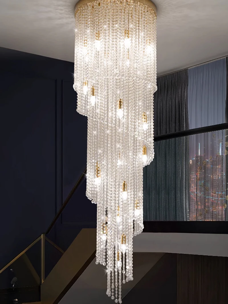 

Modern Luxury Crystal Chandelier Long Droplight Home Villa Stairs Way Hotel Lobby Big Pendant Chandeliers Lights Fixture Lustre