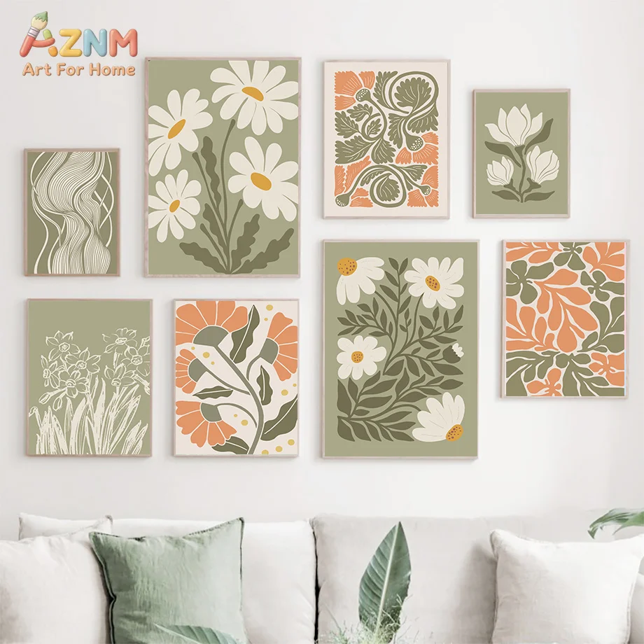 AZNM Sage Green Boho Floral Canvas Wall Art Daisy Abstract Flower Leaf Retro Botanical Print Mid Century Modern Living Room Bedr