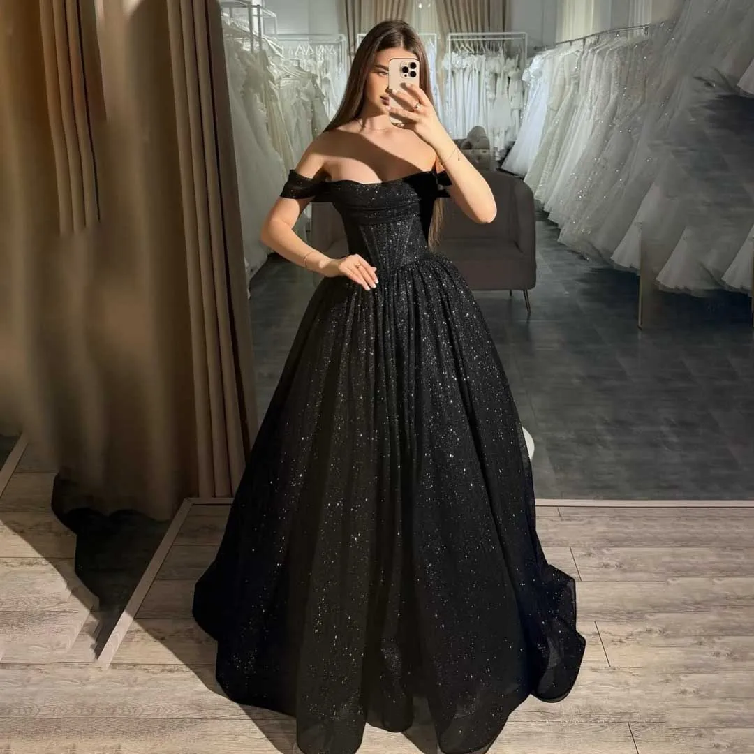Glitter Off the Shoulder Tulle Evening Dresses Boat-neck A-line Ruched Plain Prom Dress Luxurious Long Formal Party Ball Gowns image 3
