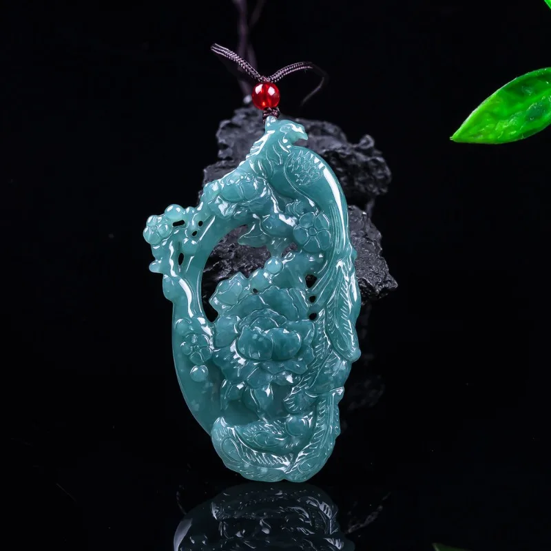 

Кулон-подвеска из мьянманского жадеита «Голубая вода» с ажурной резьбой «Цветы и птицы», роскошное ювелирное украшение, натуральный драгоценный камень, винтажный резной амулет