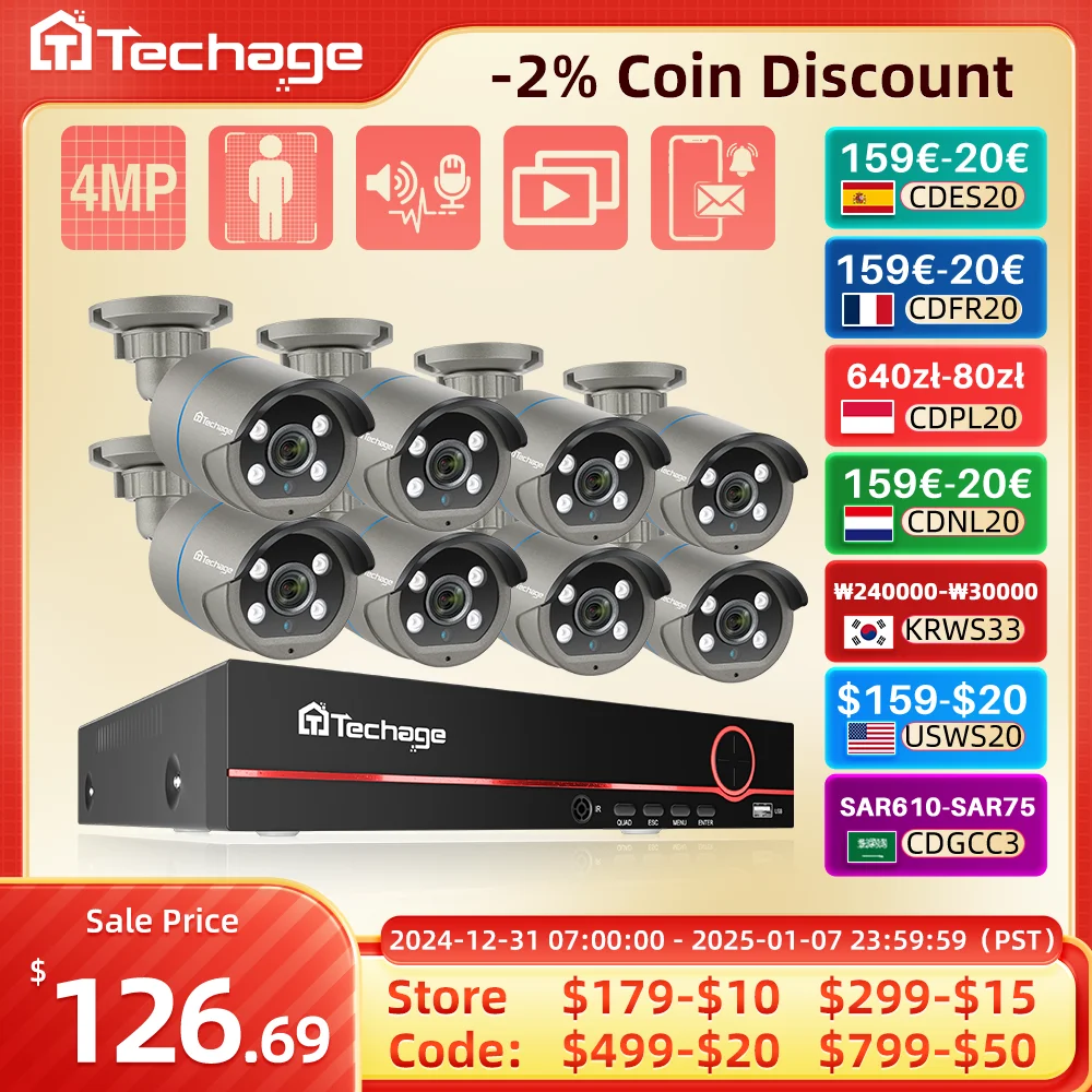 Techage 8CH HD 4MP POE Suite Система CCTV H.265 Двусторонняя наружная аудио - сетевая камера Набор видеонаблюдения P2P