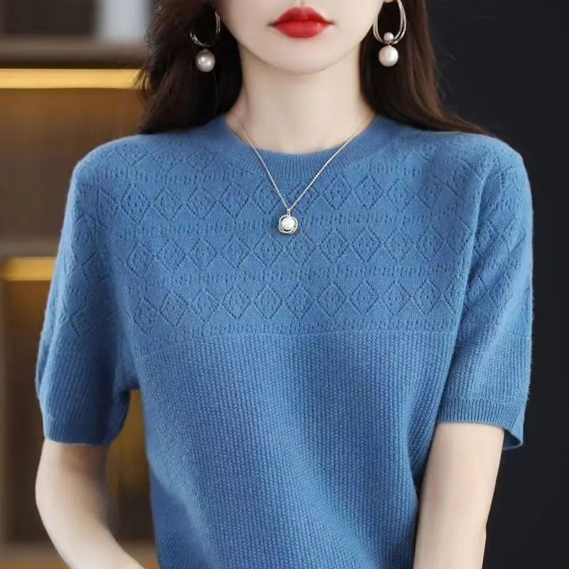 Vintage Fashion Women Knitted T-Shirt Summer Hollow Out Breathable Tees Female Clothing Short Sleeve Loose Pullover Casual Tops