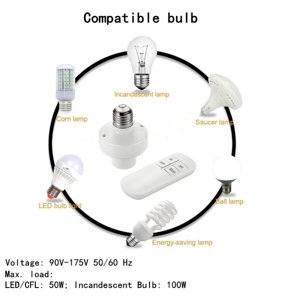 E26/E27 Bezprzewodowy pilot zdalnego sterowania Podstawa lampy Włącznik/wyłącznik Uchwyt gniazda z timerem Zasięg 15M Inteligentne urządzenie RC