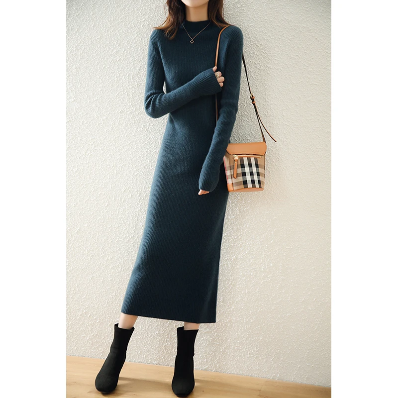 

Long Skirt Wool Knitted Dress Woman Long Winter Sweater Dress Turtleneck Well Fitting Dresses with Long Sleeves Warm Knit Dress