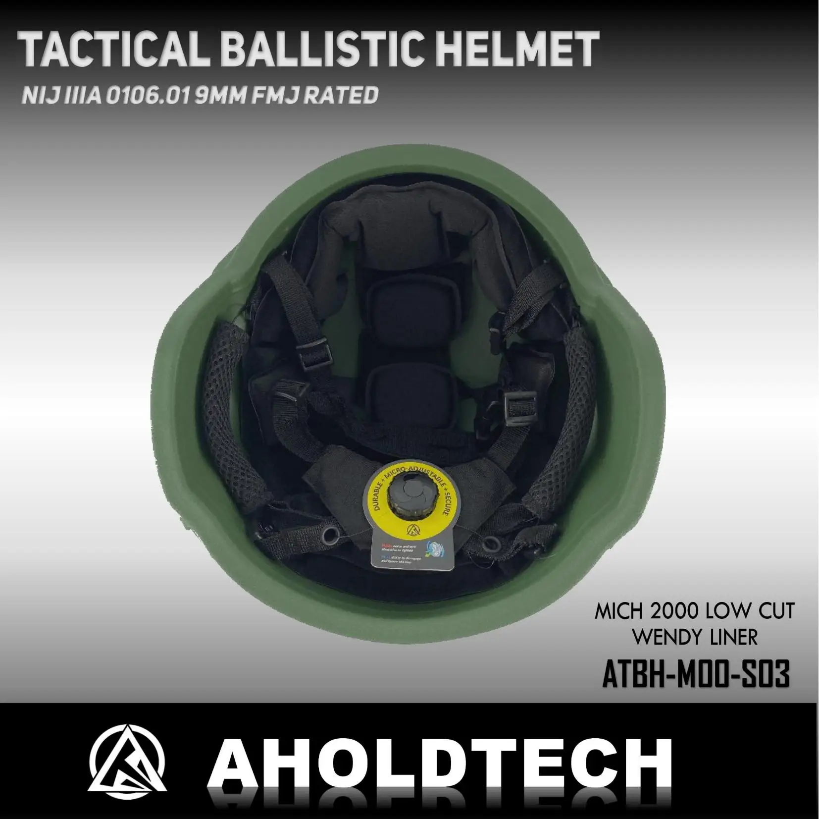 Aholdtech Bulletproof Helmet MICH 2000 Tactical 9mm FMJ PE ISO NIJ IIIA 3A CAM FIT BOA Dial EPIC Liner Low Cut Ballistic Helmet