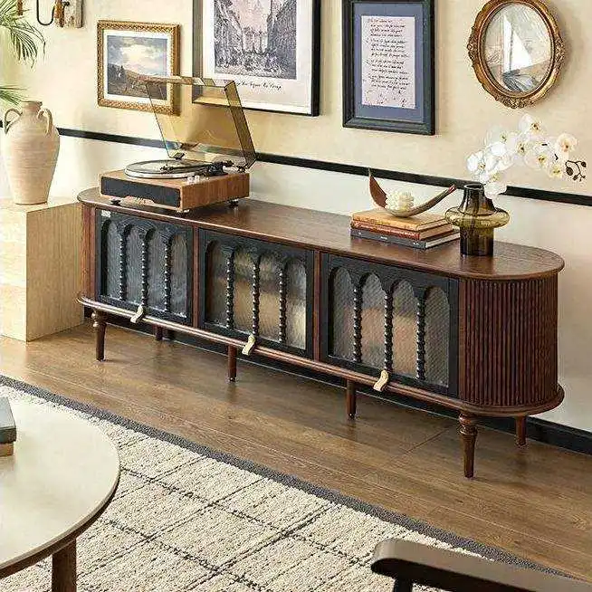 *200cm Durable Living Room Solid Wood TV Stand Modern Flip Top Entertainment Center Raised Panel Doors 4 Storage Shelves