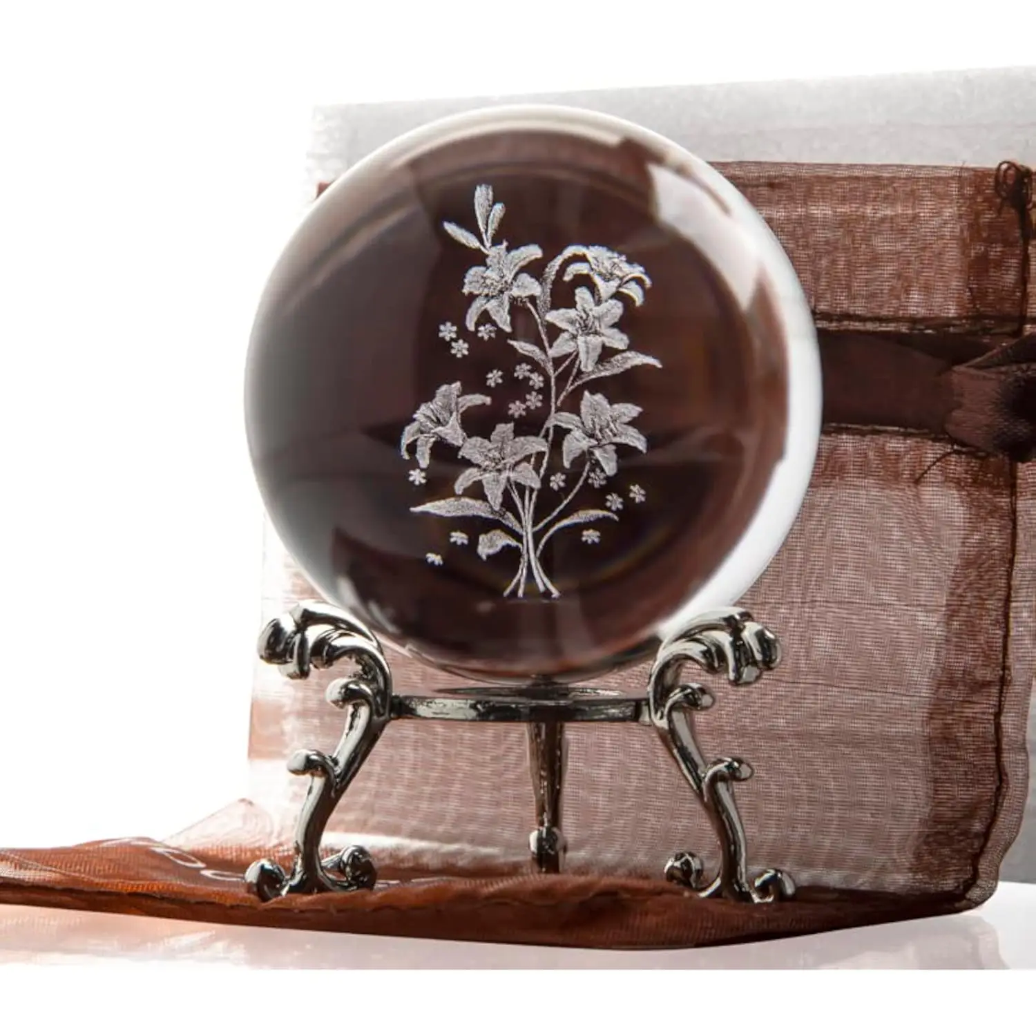

6cm 3D Lily Crystal Ball with Metal Base Lilies Flower Statue Glass Ball Paperweight Home Decoration Birthday Gifts for Mom