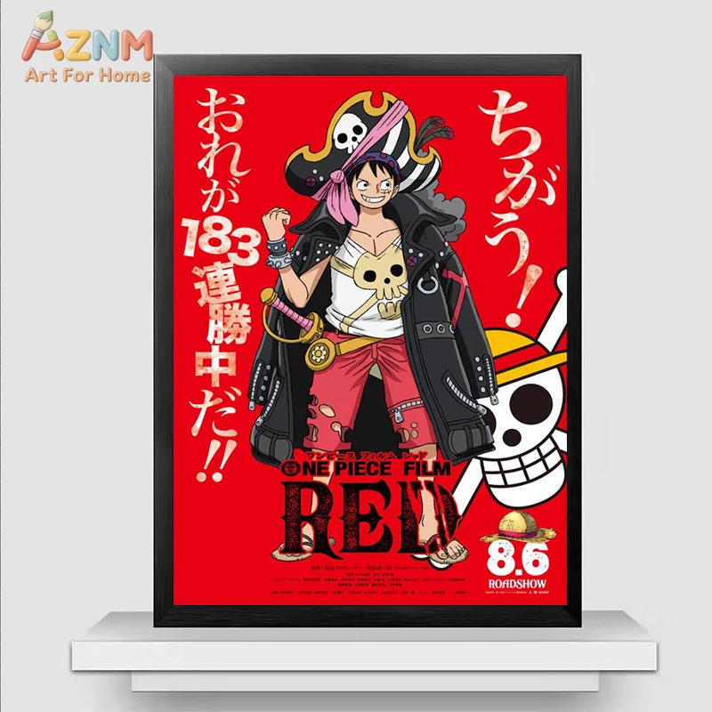 AZNM One Piece Film Red Monkey D Luffy Pirate Captain Anime Frameless Canvas Wall Art, Movie Poster Manga Home Living Room Decor