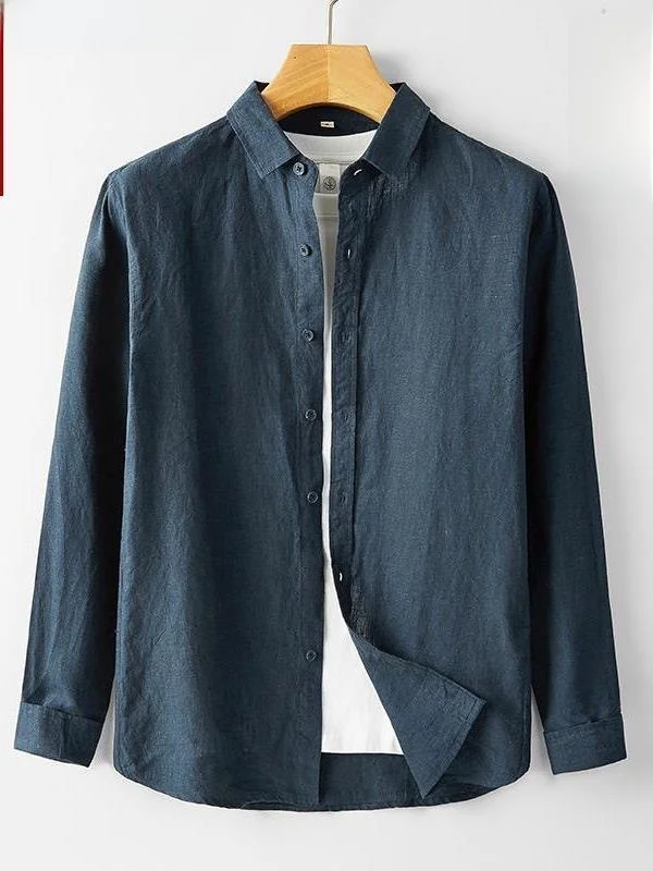 

Мужской льняной утюг Long Sve Thin Loose Busin Casual Base Layer irt Дышащий хлопок и лен для среднего возраста Защита от солнца ...