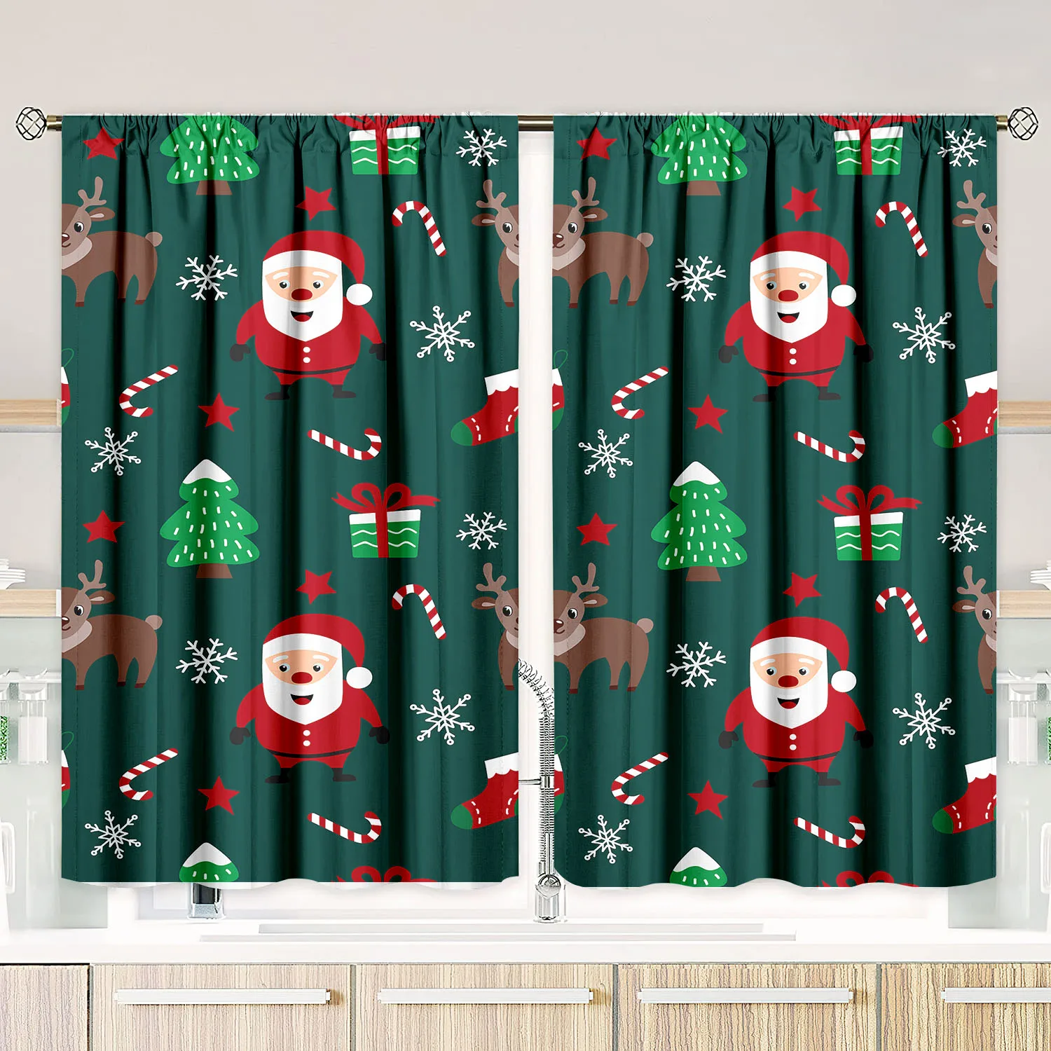 Jolly Santa Print Curtains 2-Piece Polyester Set for Bedroom Living Room Study Festive Holiday Window Treatment