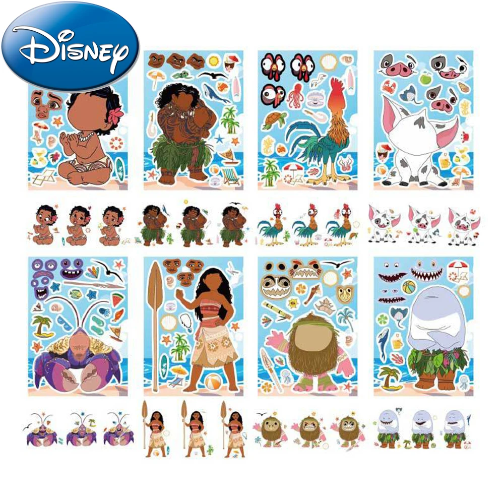 8/16sheets Disney Moana Puzzle Stickers Make A Face Children DIY Assemble Jigsaw Decal Toy Gift Funny Kids Party Game Decoration