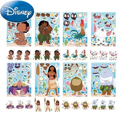 Autocollants Disney Moana Puzzle pour enfants, faire un visage, assemblage de bricolage, jouet de décalcomanie, cadeau amusant, décoration de jeu de fête pour enfants, 8 feuilles, 16 feuilles