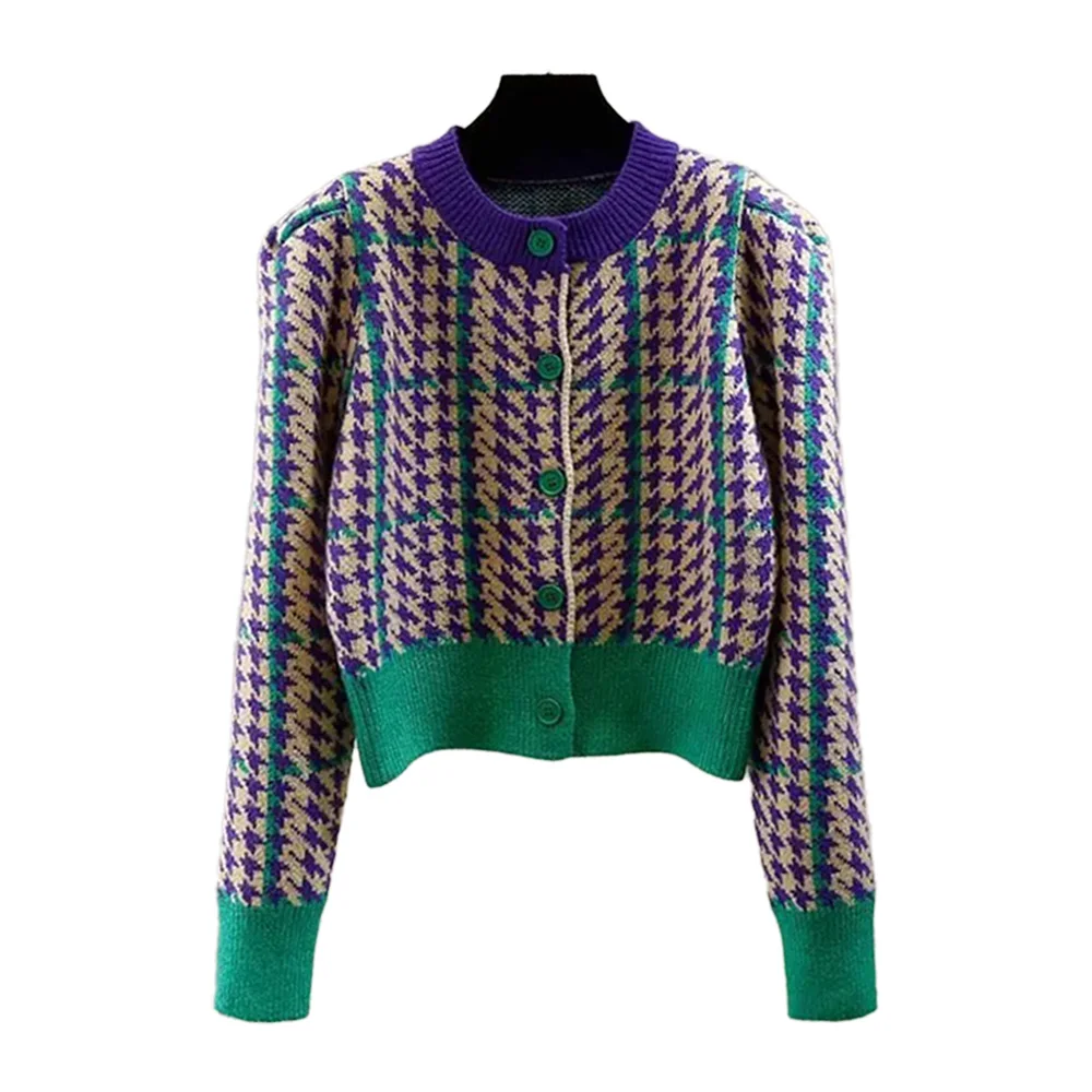 Green Houndstooth Plaid O-Neck Vintage Acrylic Knitted Women\'s Cardigans Sweater Short Cardigan For Women Clothing Fashion 2024