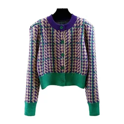 Green Houndstooth Plaid O-Neck Vintage Acrylic Knitted Women's Cardigans Sweater Short Cardigan For Women Clothing Fashion 2024