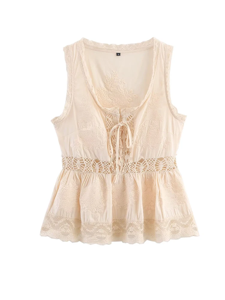 

Женские блузки без рукавов с цветочной вышивкой, летние кружевные топы с вырезами, рубашки