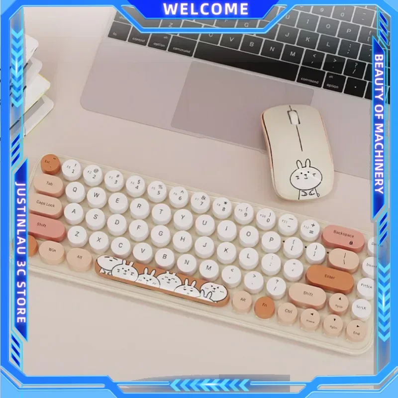 Wireless Keyboard and Mouse 2.4G Keyboards with Colorful 68 Keys Typewriter Retro Round Keycap for Laptop Tablet Windows