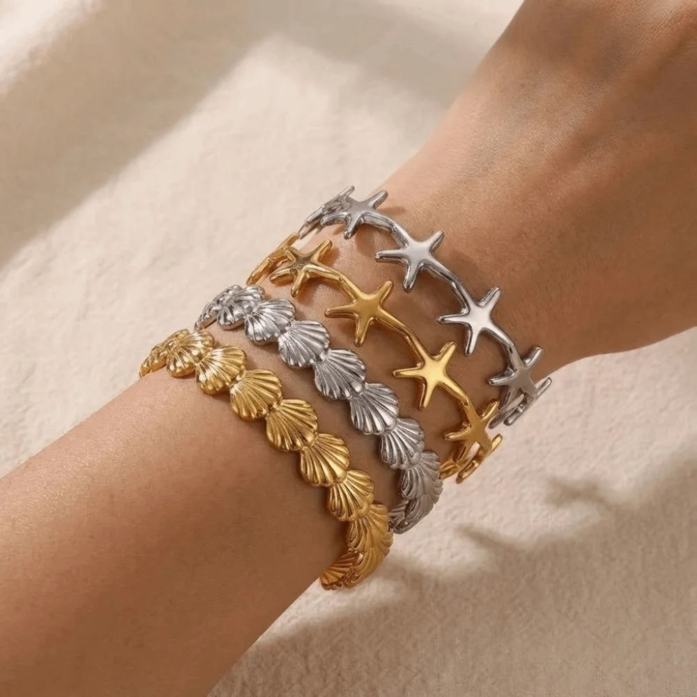 

Elegant Starfish Shell Bracelet Adjustable Gold Color Opening Bangles Exaggerated Stainless Steel Vintage Cuff Bracelets Summer