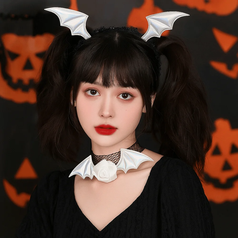 Punk Flower Bat Wings Hairband Mesh PU Leather Headband Necklace Set Gothic Lace Halloween Hair Hoop Girls
