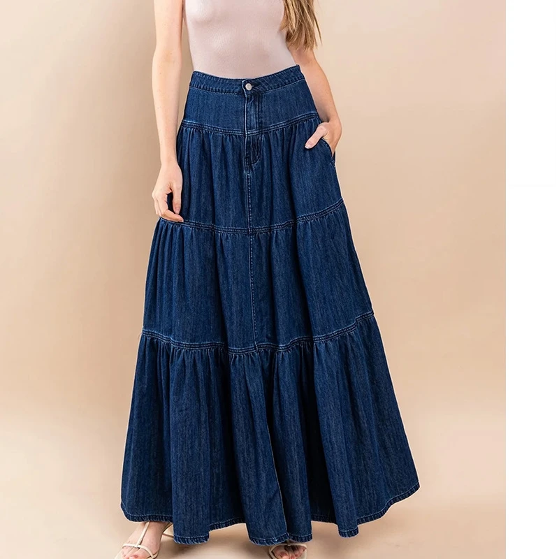 Street Sle Low Waist Denim  Skirt Women Casual Cake Design A-Line Skirts Spring Summer Faion High Waist Long Skirts
