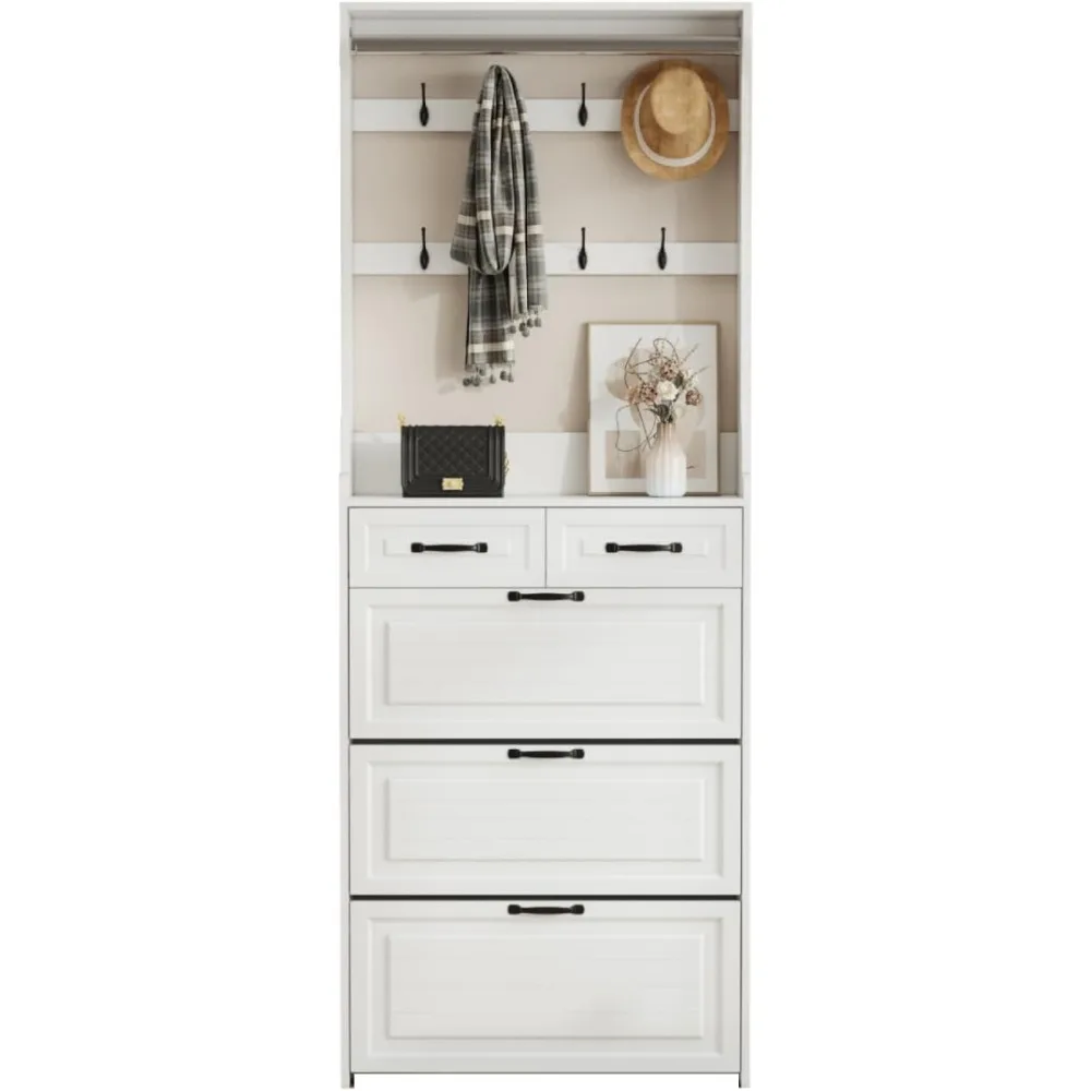 

Tall Shoe Cabinet Coat Rack Wooden Storage Cabinet Hall Tree with 3 Flip Shoe Drawers 6 Hanger Hooks 2 Drawers Large Space