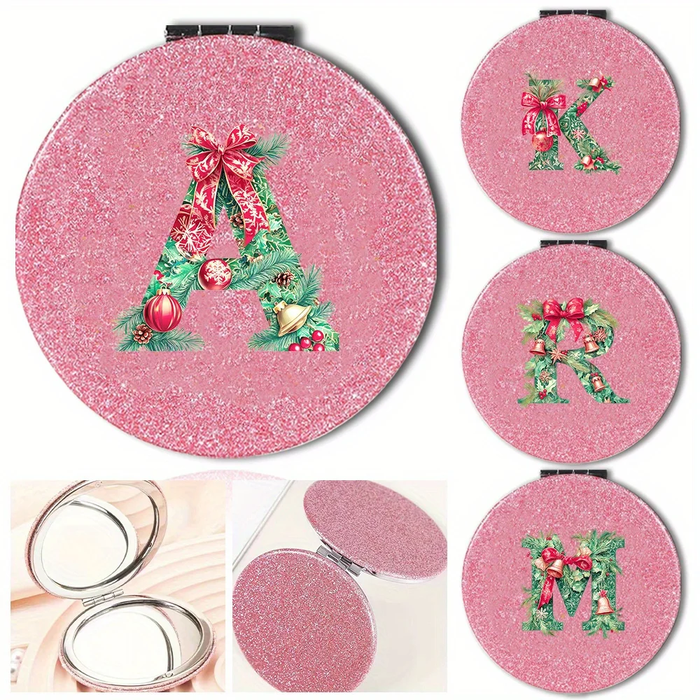 휴대용 여성용 접이식 메이크업 거울 내구성 있는 포켓 PU 메이크업 거울 양면 뷰티 도구 선물 크리스마스 레터 패턴