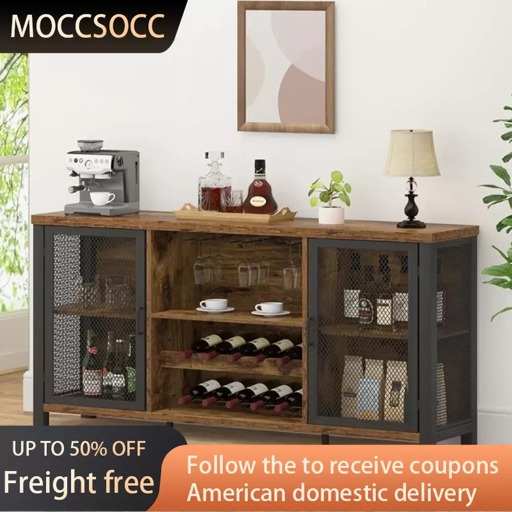 

Industrial Coffee Bar Cabinet Wine Bottle Holder Wood Metal Sideboard Buffet Cabinet for Home Kitchen Dining Whiskey Display