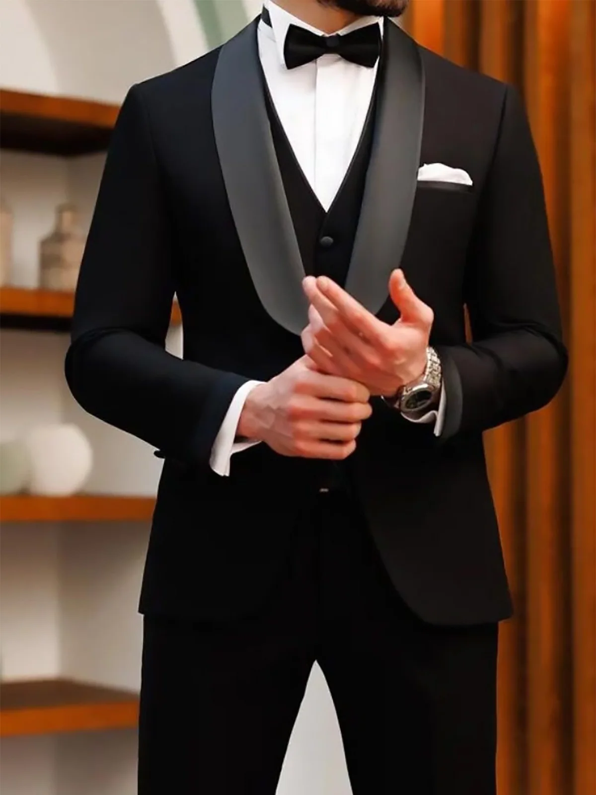 

Wedding Black Luxury Suits for Men Slim Fit Shawl Lapel Solid Tuxedo Man Suit Set Trajes De Hombre Jaqueta Masculina Men Suits