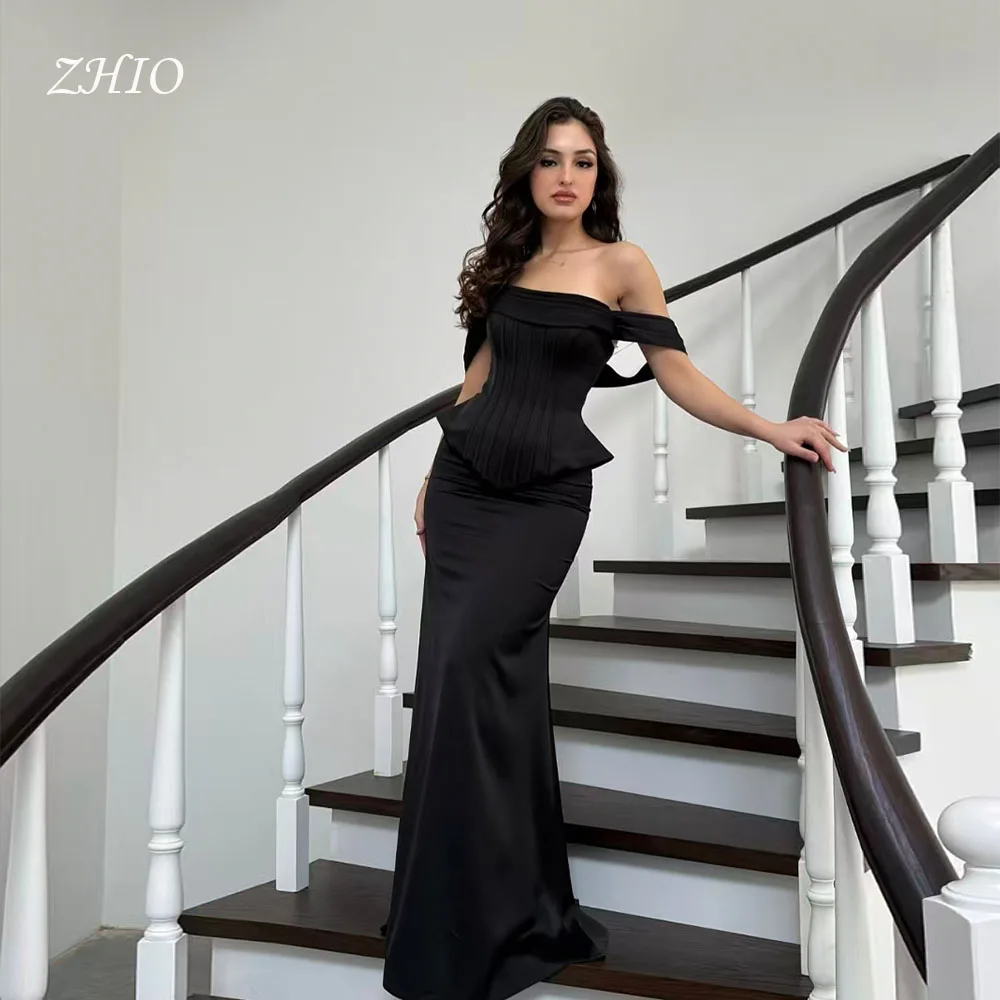 فستان سهرة بحورية البحر باللون الأسود الأنيق من ZHIO بدون أكتاف متدرج بطول الأرض من الساتان العربي السعودي فستان حفلات رسمي مخصص