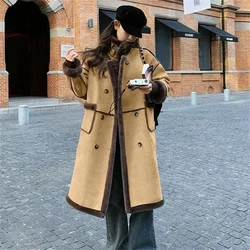 Chaqueta de lana de cordero para mujer, abrigo de piel de doble botonadura con terciopelo grueso, largo y cálido, tendencia de invierno, 2024