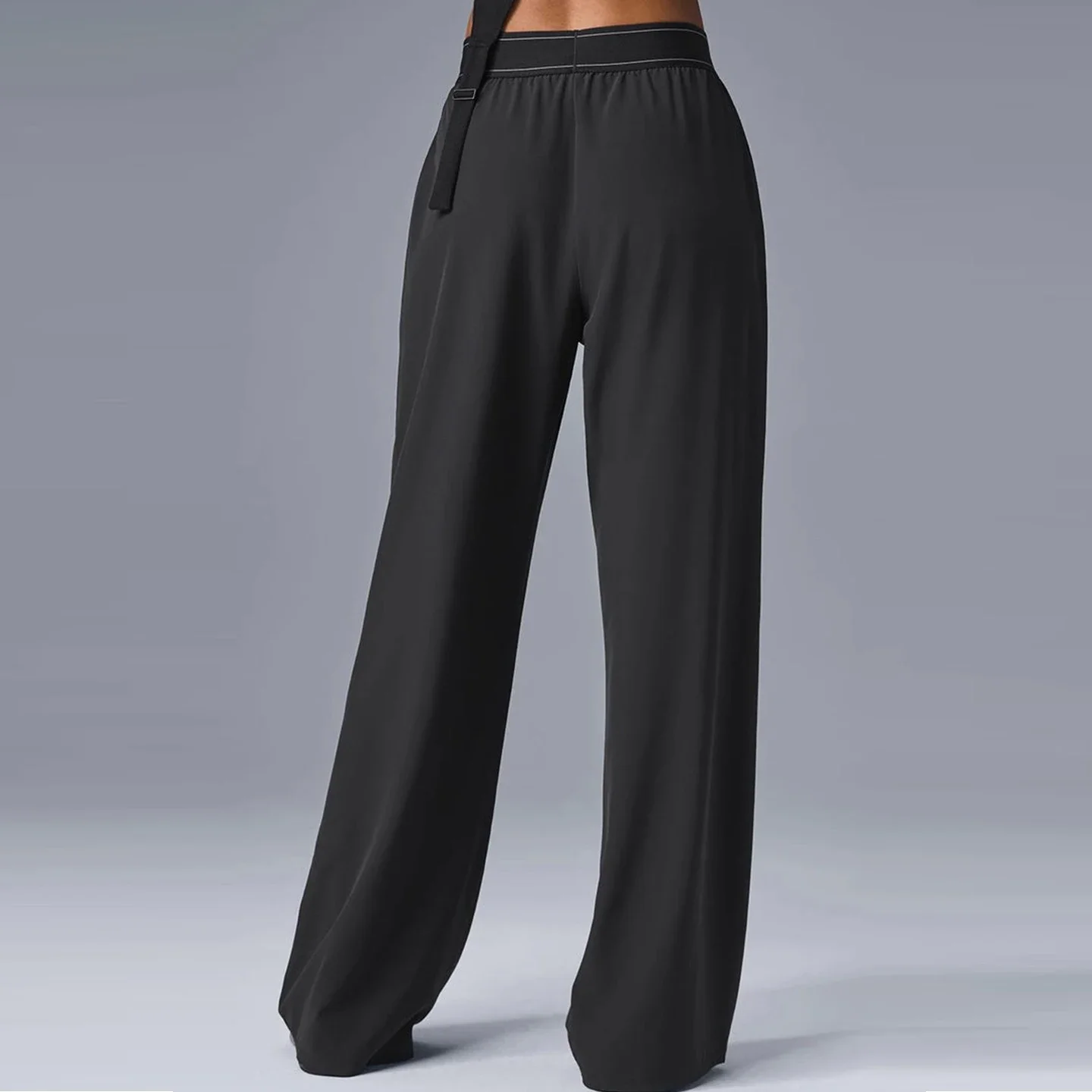 لـ aIo سراويل اليوغا الرياضية النسائية الجديدة واسعة الساق سريعة الجفاف بخصر مطاطي سراويل مستقيمة للياقة البدنية ملابس صيفية سوداء صلبة غير رسمية #5