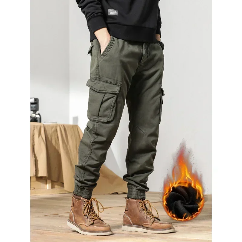 

New Multi-Pockets Winter Cargo Pants Men Fleece Liner Thick Warm Slim Fit Joggers Streetwear Casual Cotton Thermal Trousers