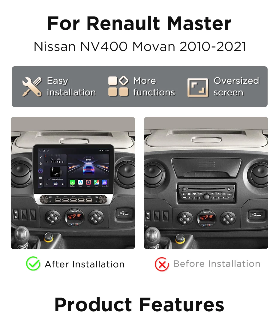 Junsun 10,1" Tasten Drahtloses Carplay Android Auto Autoradio für Renault Master Opel Movano 2010-2021 Bluetooth GPS Navi 4G DSP – Detail 5