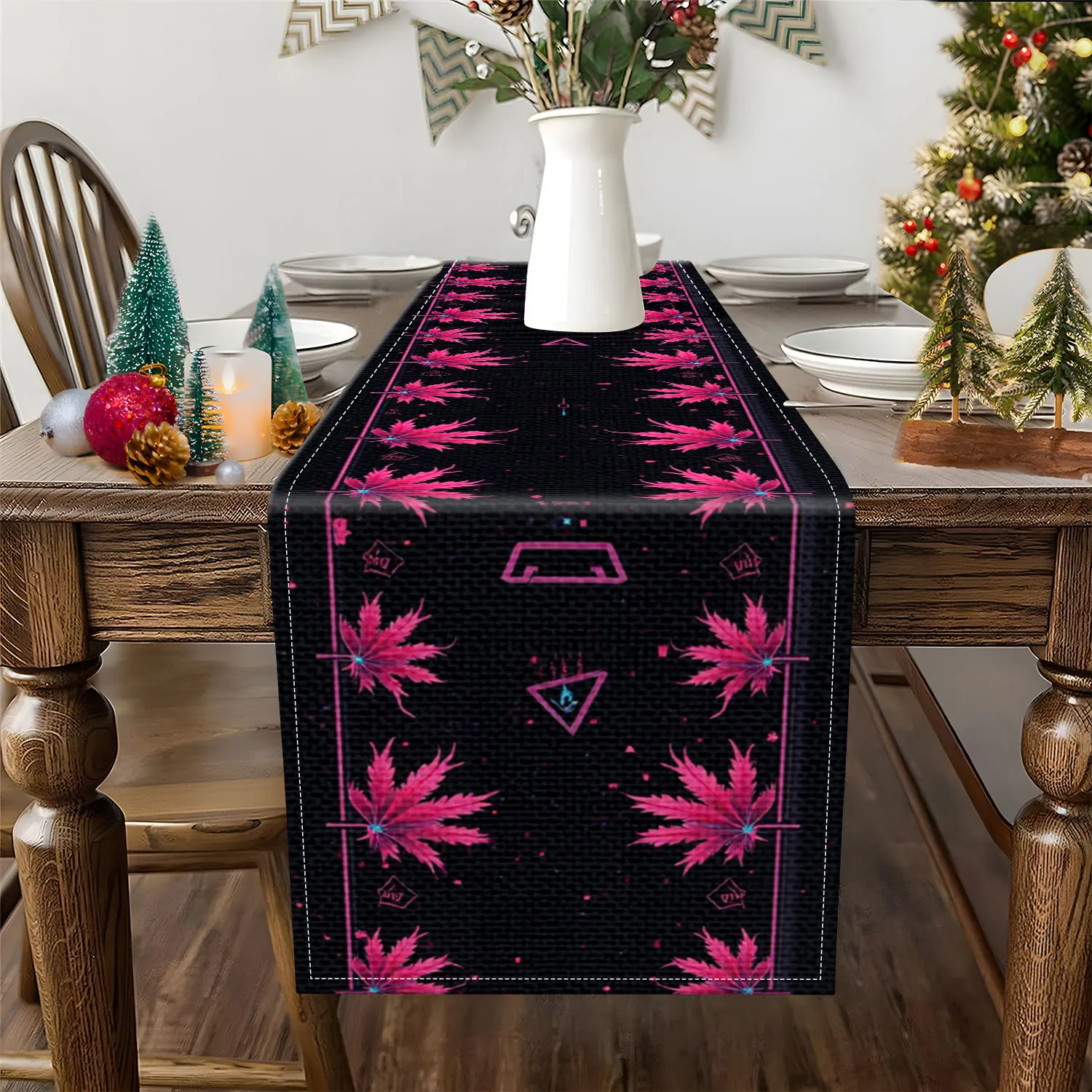 1 Piece of Cyber Maple Leaf Themed Table Runner, Featuring Neon Maple Leaves and Technological Elements as the Main Motifs, Suitable for Gaming Rooms, Cyberpunk-Style Parties, Etc