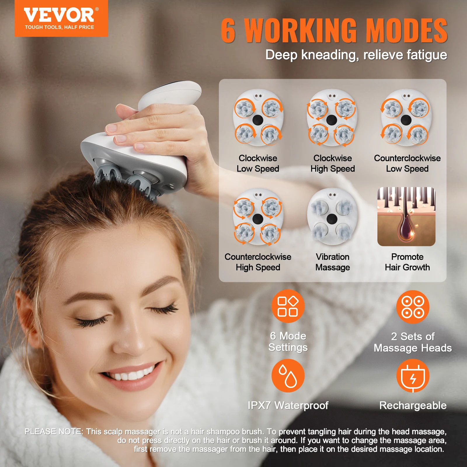 VEVOR Electric Scalp Massager Rechargeable Head Massager Hair Growth IPX7 Waterproof Portable Kneading Electric Scalp Scratcher