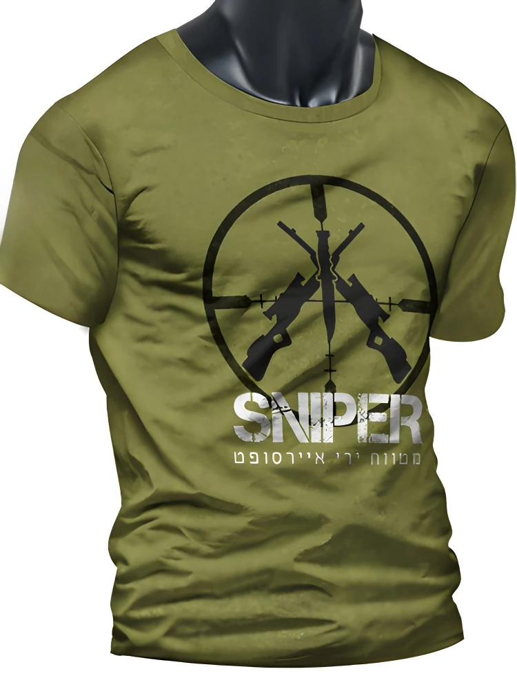 Sniper Graphic with Crosshair & Rifle Design-100% cotton summer O-neck short sleeve casual printed men's T-shirt.