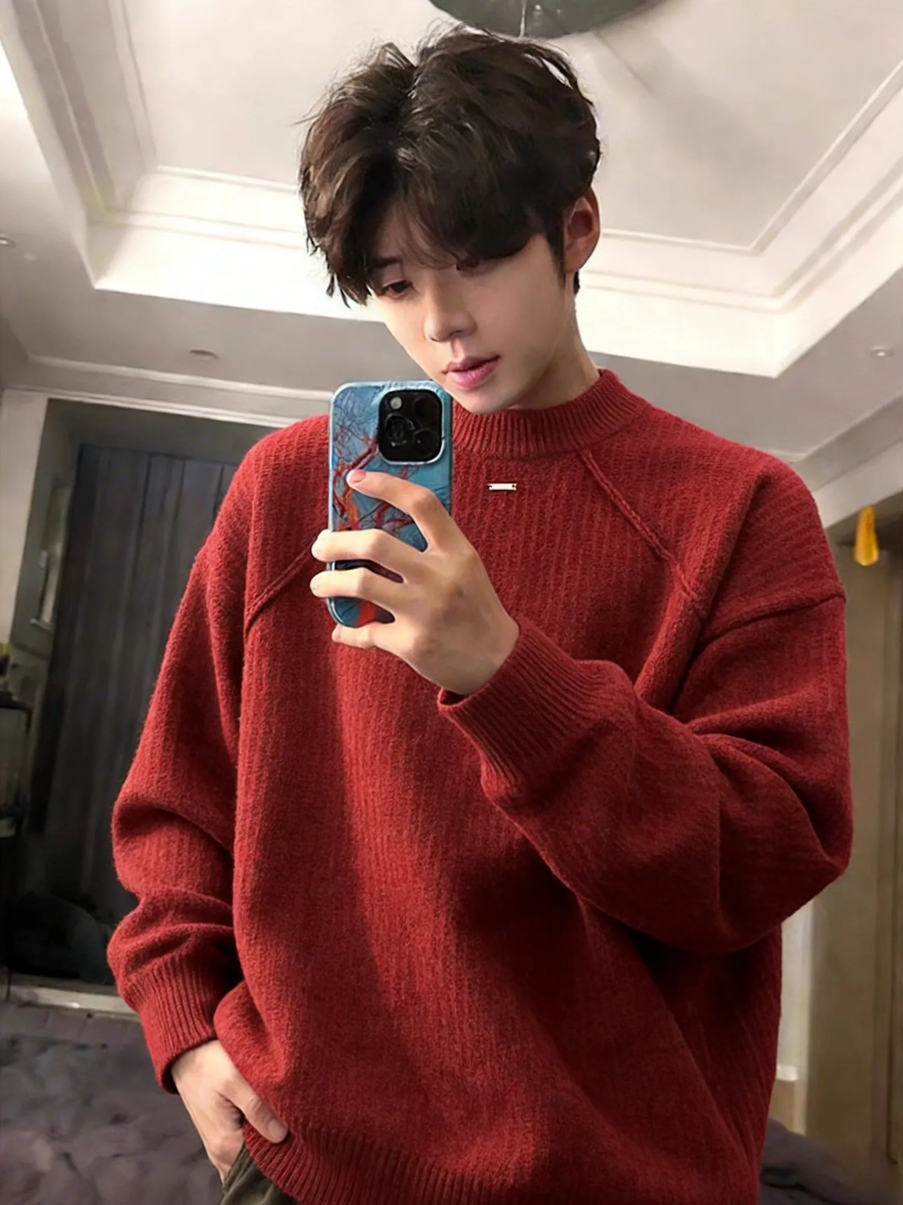 

Red round Ne Thiened Knitted Sweater for Men Winter Faion Inner Wear Base Layer Year Design Traditional Chinese Z...