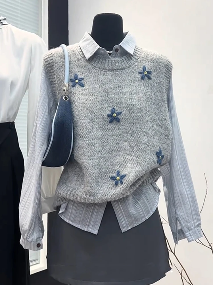 Retro Academic Style Knitted Vest Women's round Neck Embroidered Flower Layering Slimming Fashionable Autumn New Arrival