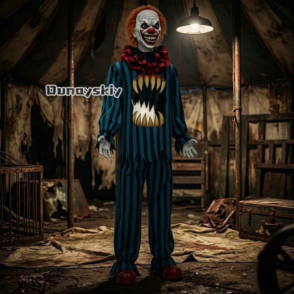 ​ ​ ​ ​ ​ Disfraz de Payaso Calado para Cosplay, Disfraz de Fiesta de Halloween, Máscara de Payaso de Terror con Rayas, Disfraz de Joker que Rompe el Alma, Resurrección ​