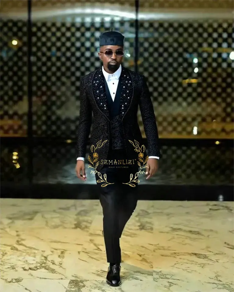 Crystals Beaded Suits Men Shiny Black Jacket Vest Pants 3 Pieces Groom Wedding Tuxedos Customized Prom Blazers Terno Masculino