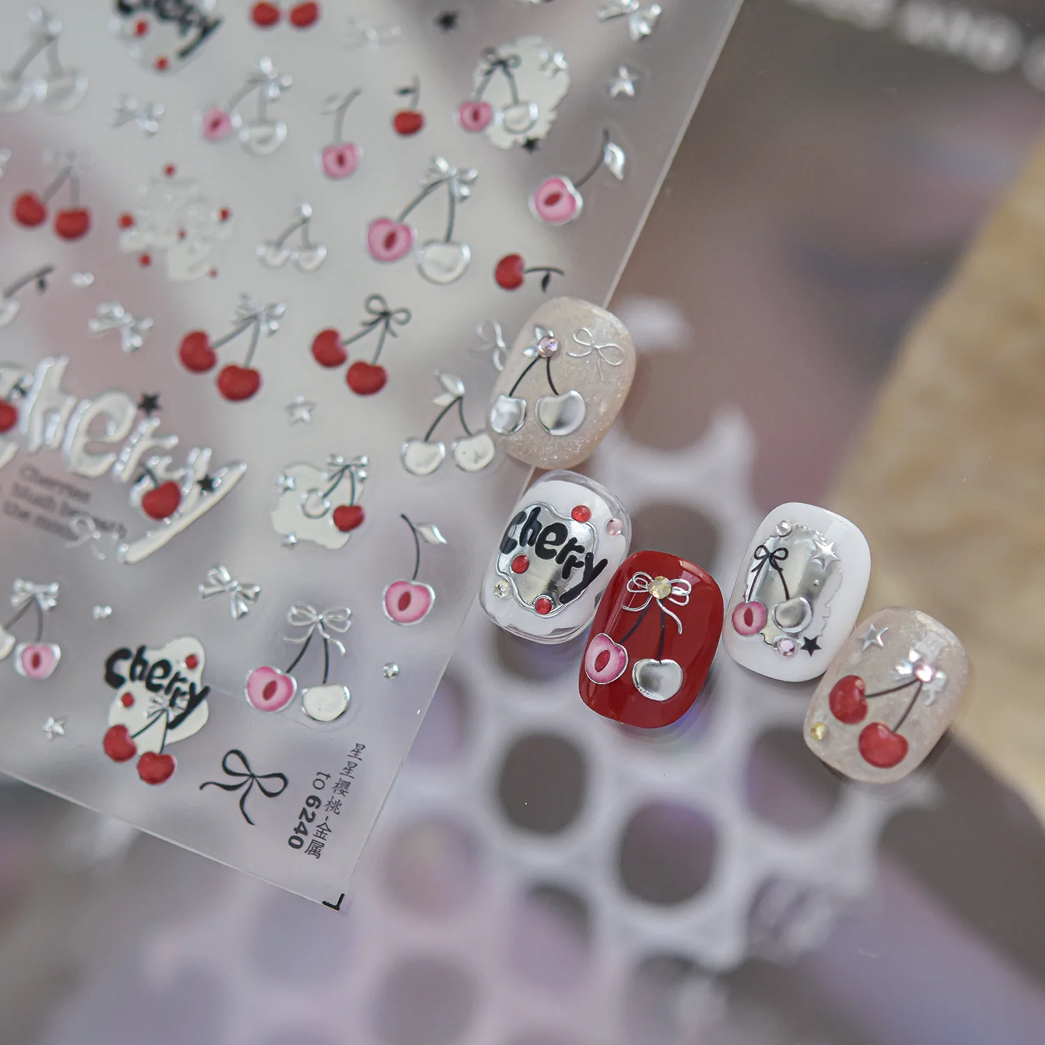 Retro Metal Cherry Gradient Cherry Bow Y2K Sweet 5D Nail Decals Five‑Pointed Star Embossed Self‑Adhesive Nail Stickers Manicure