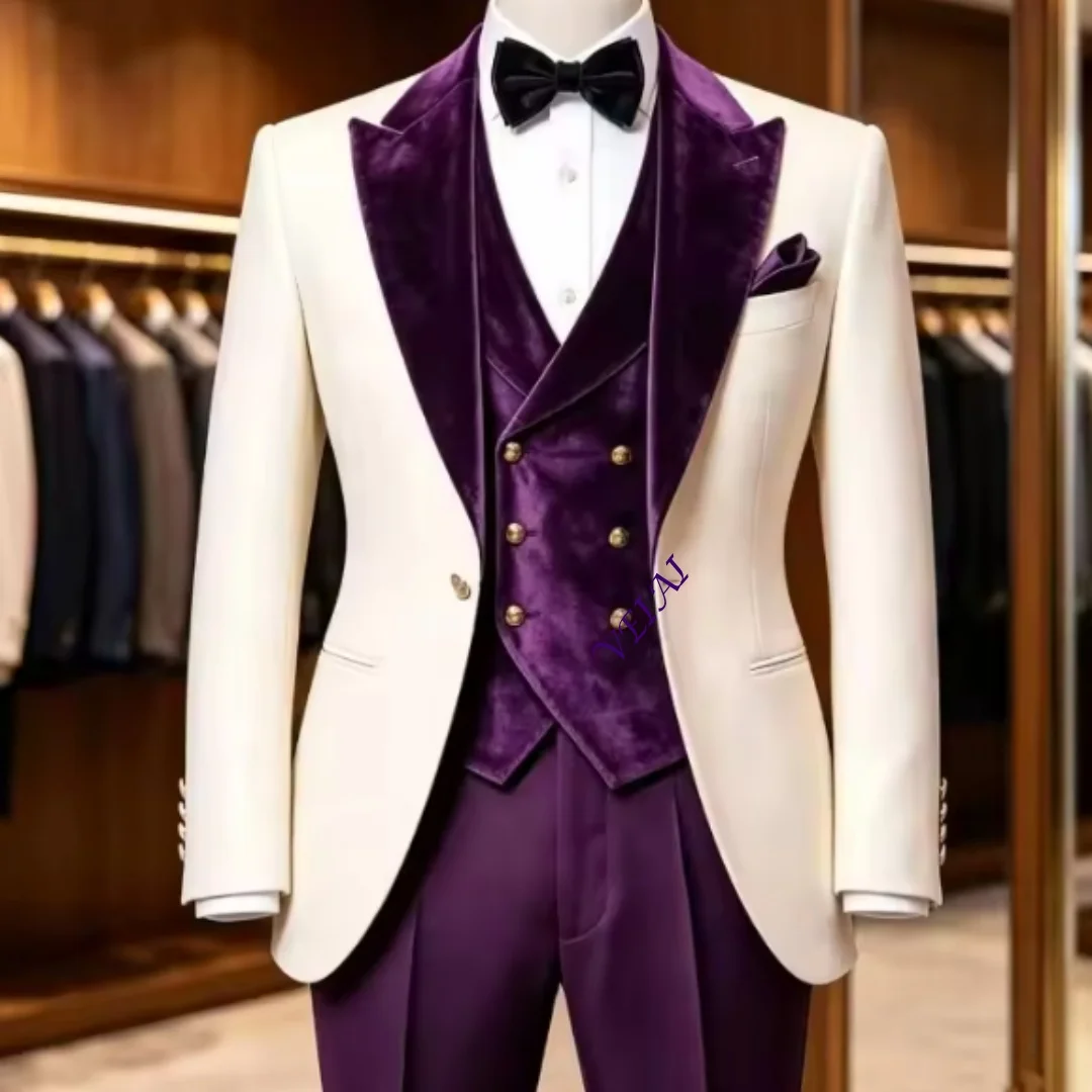 Customized3 Pieces Groom Wedding Suit Men's Ivory Emerald Green Velvet Tuxedo Slim Fit Formal Ceremony Banquet Male Fashion Cost