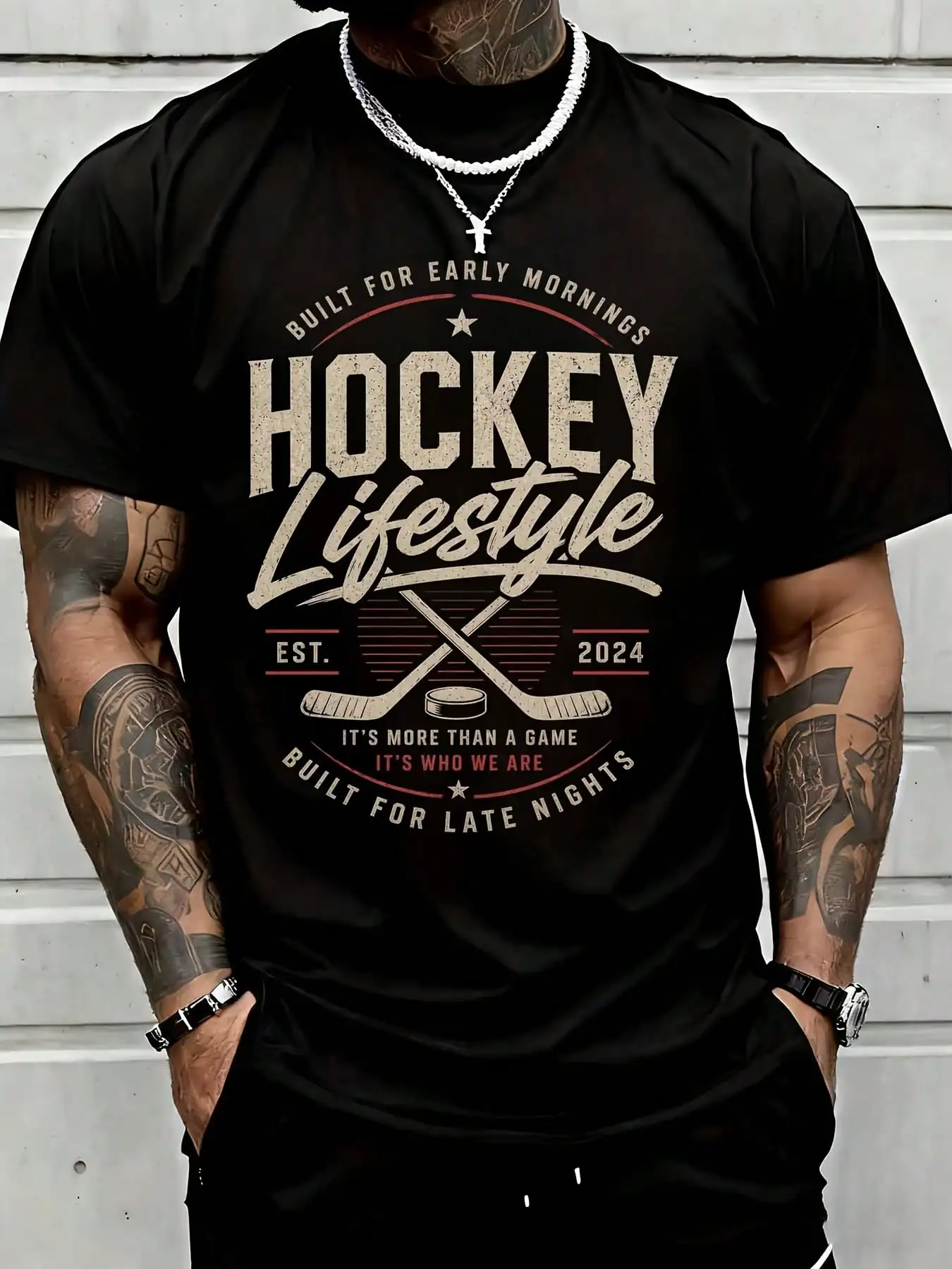 Hockey Lifestyle T Shirt Built For Early Mornings And Late Nights Est 2024 Graphic Tee Suitable For Casual Sports Wear