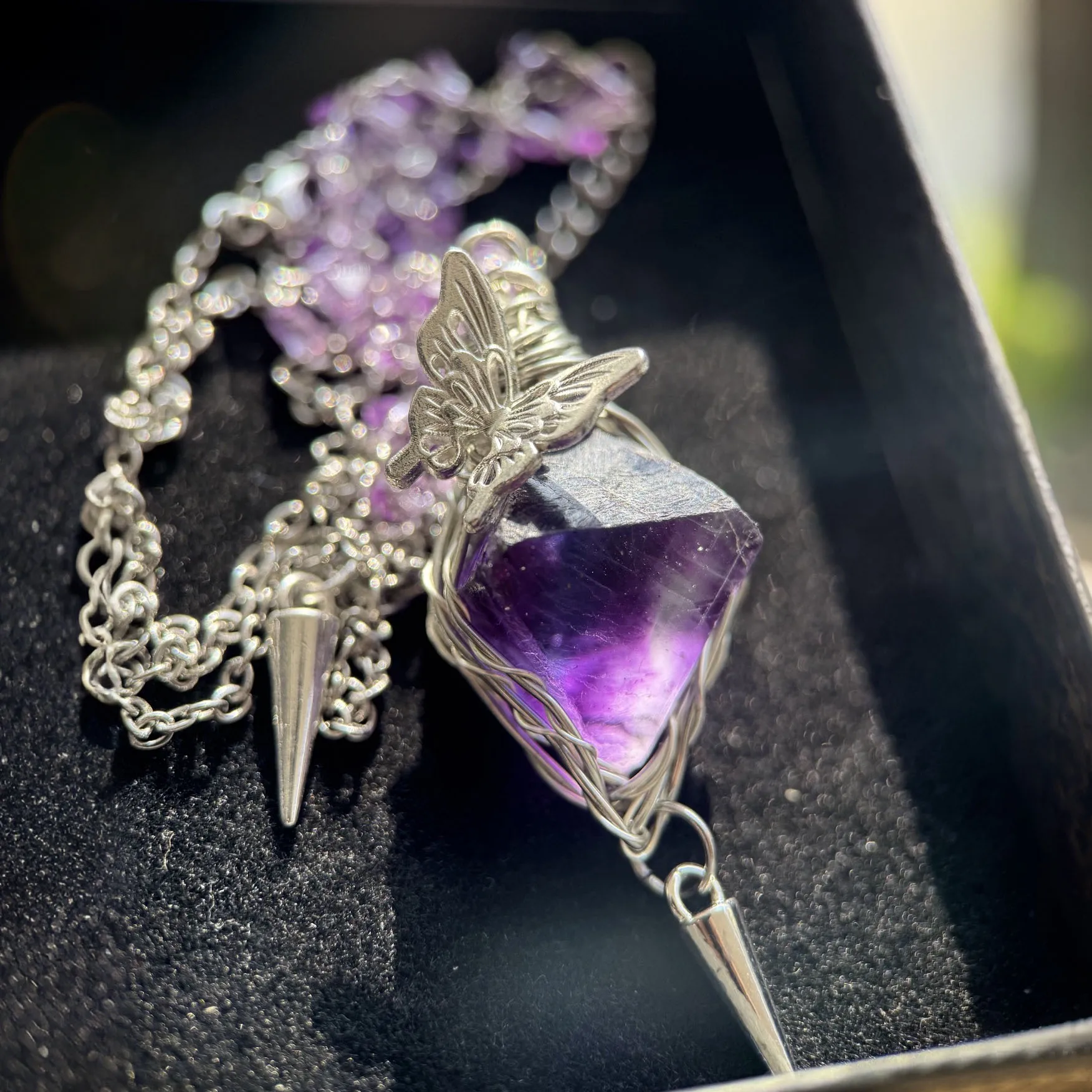 Handmade Wire Wrapped Octahedron Natural Purple Fluorite Pendulum Pendant, Healing Crystal Hanging Ornament Decor