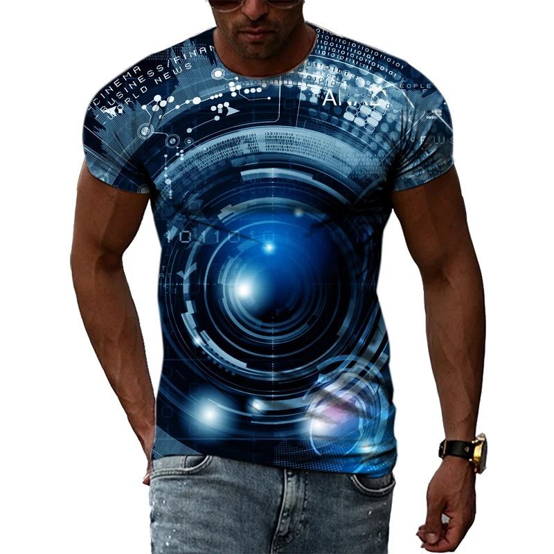 Camiseta con estampado 3D para hombre, camisa de manga corta con cuello redondo y estampado de tecnología abstracta, estilo Harajuku y Hip Hop,